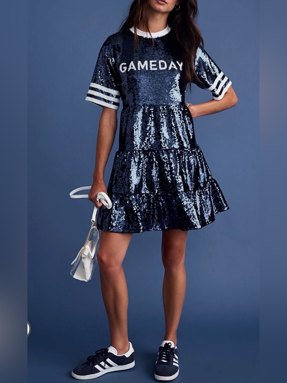 NWT Francesca's Navy and White Sequin 'GAMEDAY' Tiered Dress size XS #1300